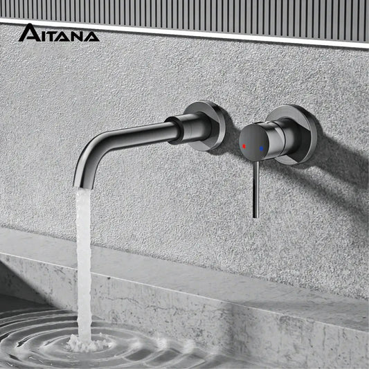 AITANA Simple Brass Black Bathroom Faucet Embedded Design Single Handle Hot and Cold Water Dual Hole Wall Mounted Basin Mixer