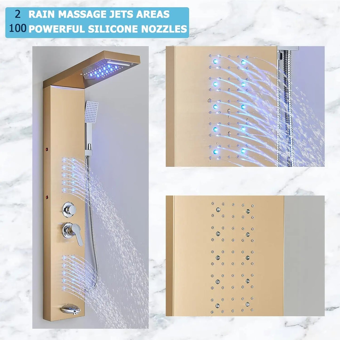 OUIO Brush LED Shower Panel Column Shower Faucet Bathtub Mixer Tap With Massage Body Spa Hand Shower Temperature Screen Set
