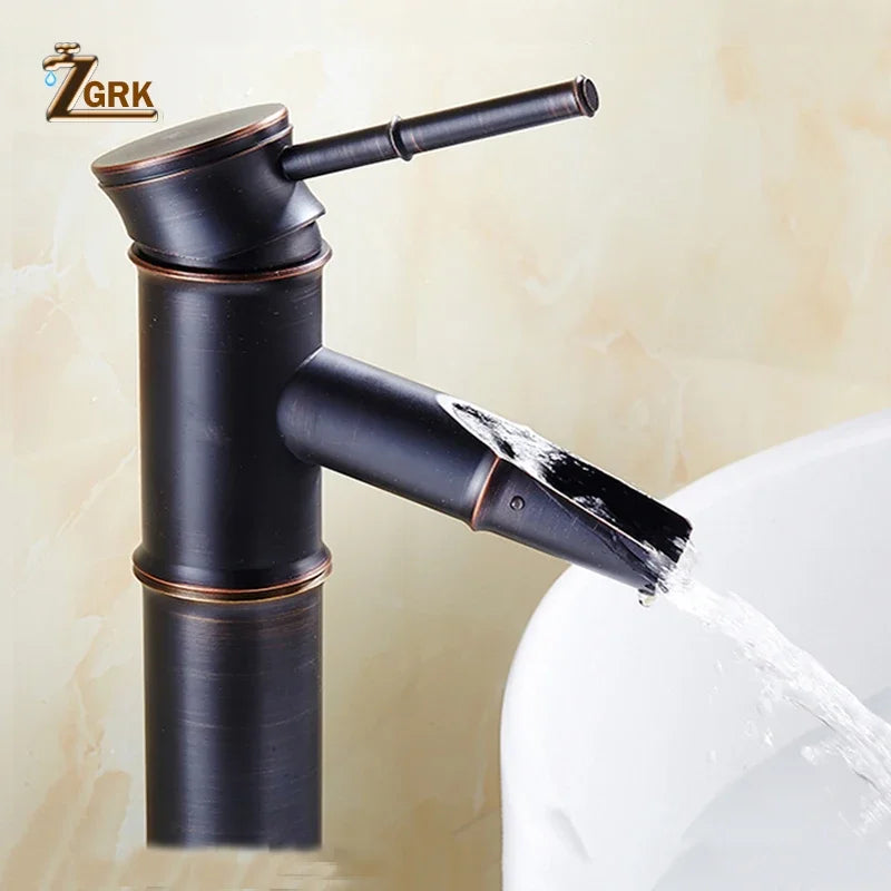 ZGRK Black Waterfall Bathroom Sink Faucet Vessel Tall Bamboo Water Tap Retro Brass Basin Faucets Single Hole Sink Mixer Tap