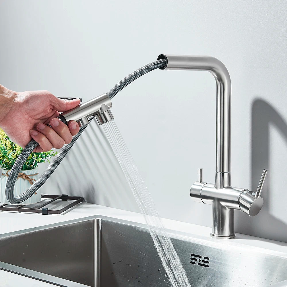 Filtered Kitchen Sink Faucet with Pull Down Sprayer 2 Handle 3 in 1 Water Filter Purifier Faucet Dual Sprayer Drinking Water Tap
