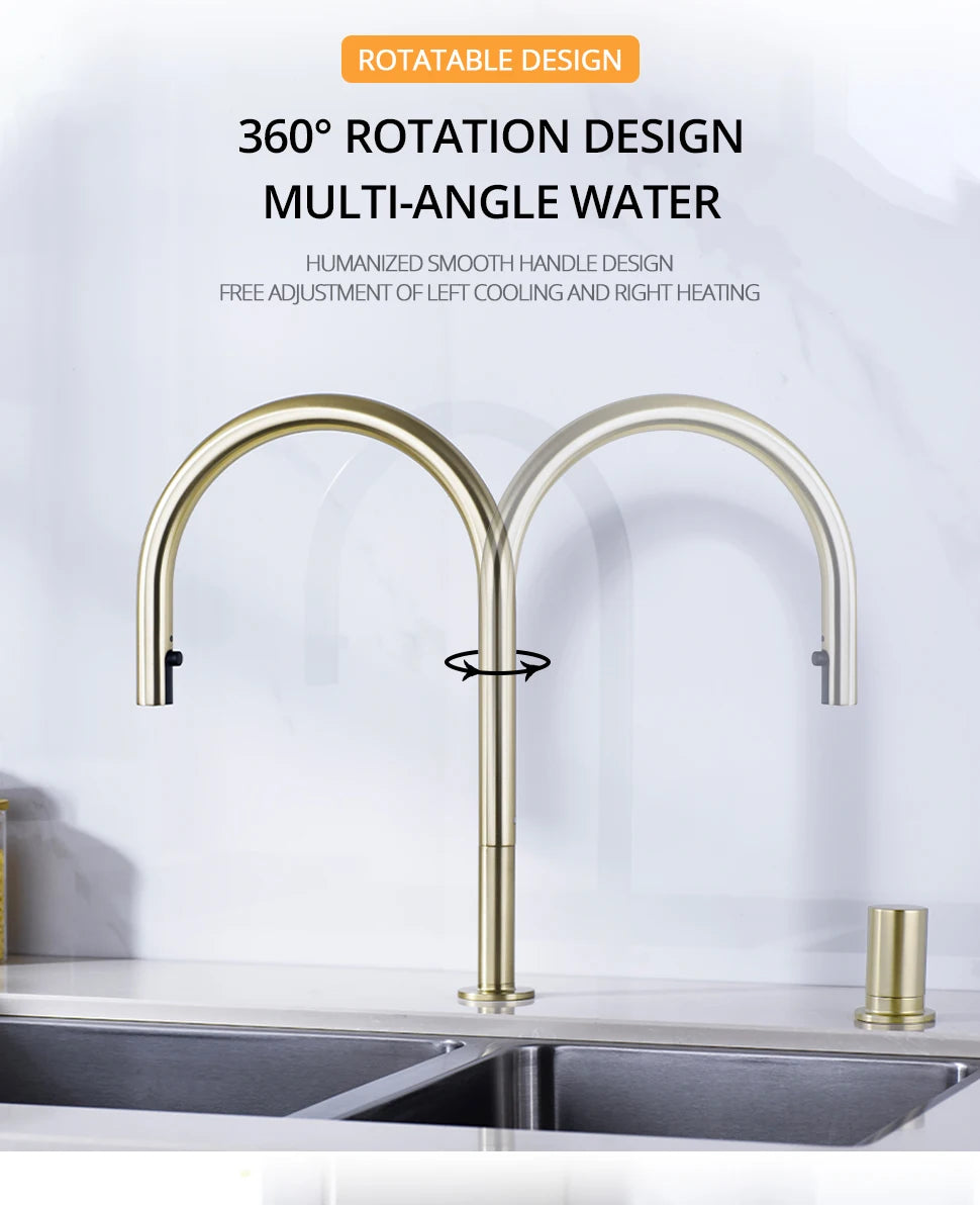 Brushed Gold Kitchen Faucet Invisible Pull Out Spray Mixer Double Hole Single Handle Solid Brass Hot and Cold Separate Sink Tap