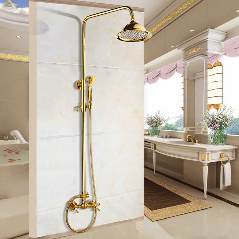 YANKSMART Gold Polished Bathroom Shower System Faucet Set Wall Mounted 3 Functions Rainfall Round Showers Head Mixer Water Tap