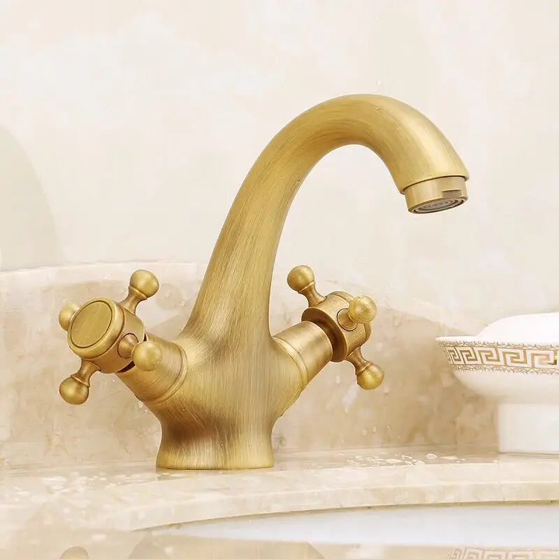 Dual Handle Antique Basin Faucet Hot and Cold Water Crane Bronze Sink Faucet Bathroom Vintage Mixers Taps Gold