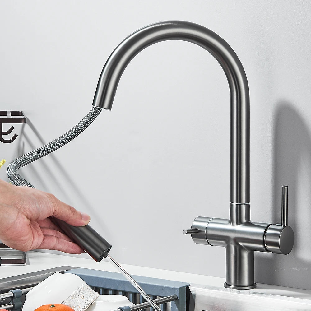 Filtered Kitchen Sink Faucet With Retractable Sprayer Brass Water Filter Tap Drinking Water Tap Vessel Sink Mixer For Kitchen