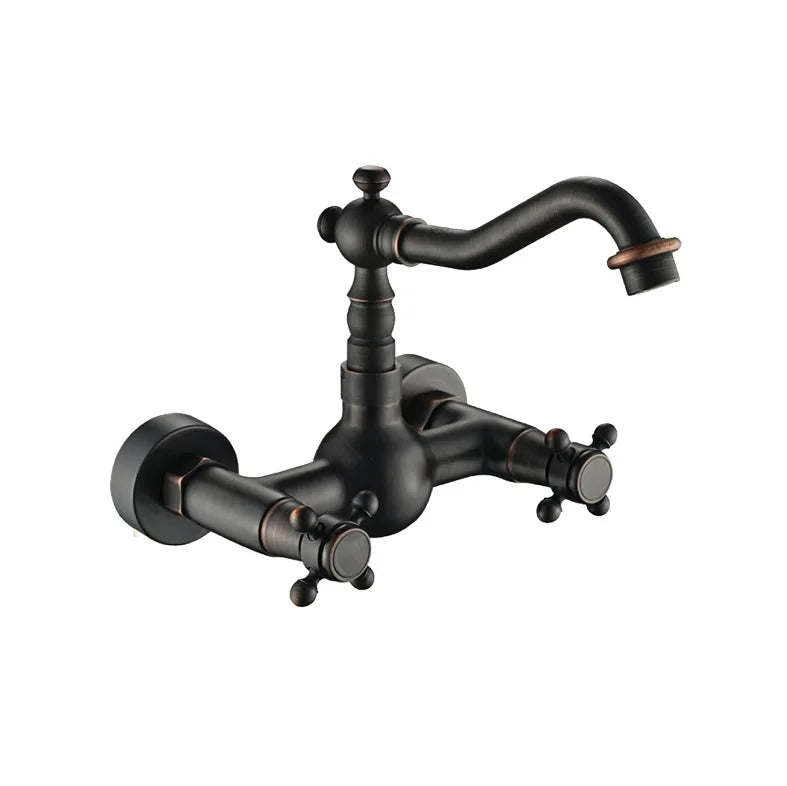Antique brass ceramic into the wall faucet bathroom washbasin basin wall mount double handle cold and hot water faucet