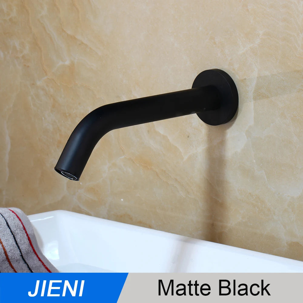 JIENI Black Chrome Lavatory Bathroom Faucet Wall Mount Sensor Faucet Automatic Free Touch Sensor Bathroom Sink Mixer Tap Faucet