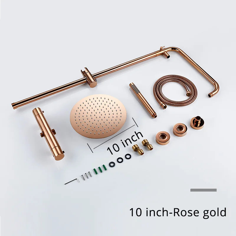 Rose Gold Thermostatic Shower Falcet Sets Wall Mount Brass Bathroom Blend Rainshower Falcet Rainfall Shower Tap Thermostat Systems