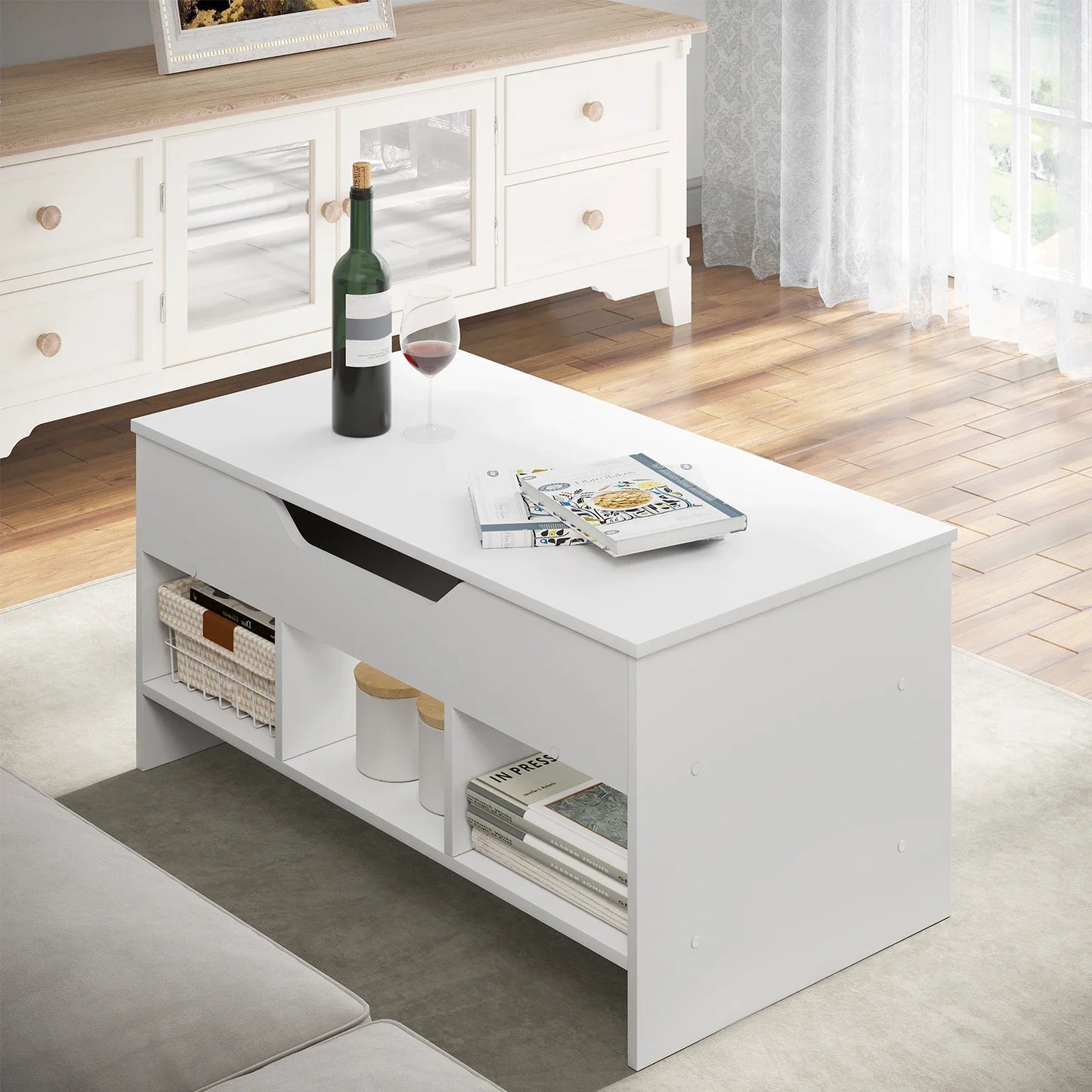 Liftable Coffee Tea Table with Storage White Side Table Height-adjustable Rectangular Sofa Table for Living Room Bedroom