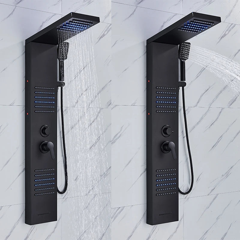Black LED Shower Panel Tower System Rain Waterfall Shower Column Hydroelectricity Massage Body Spa Bath Shower Faucet Mixer