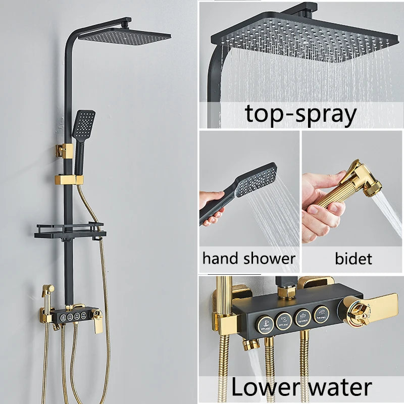Black Gold Brass  Rainfall Shower Faucet Set Stainless Steel Liftable Shower Hot Cold Mixed Water Bathtub Mixer System