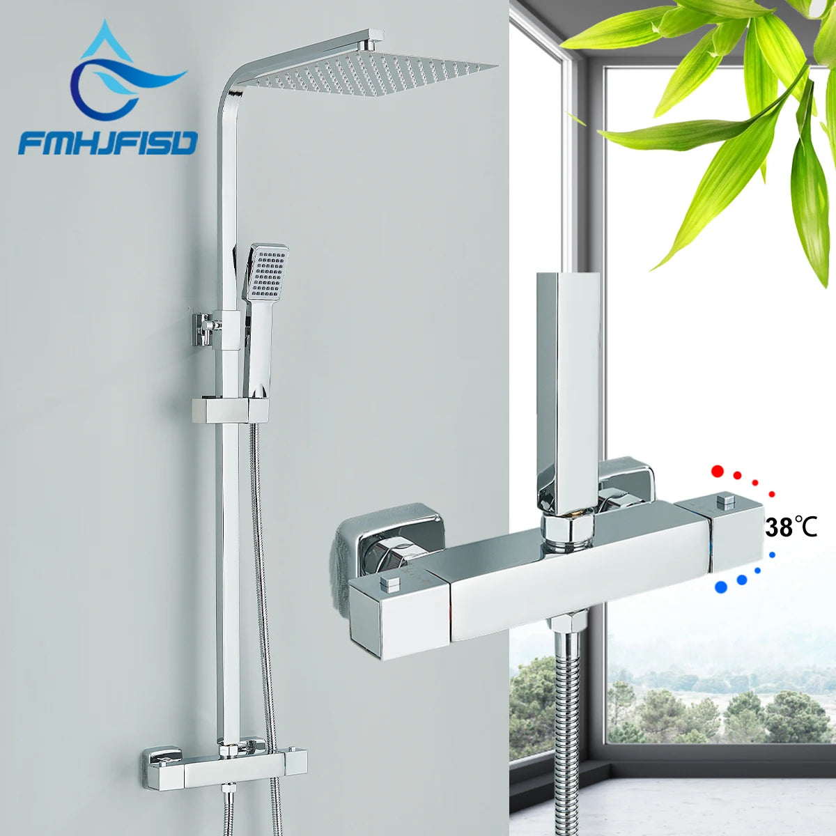 FMHJFISD Thermostatic Chrome Shower Faucet Set Hot Cold Water Mixer Tap Rotating Lifting Wall Mounted Bathroom Shower System