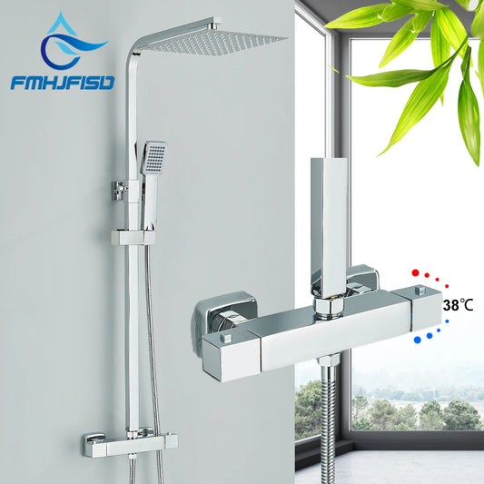 FMHJFISD Thermostatic Chrome Shower Faucet Set Hot Cold Water Mixer Tap Rotating Lifting Wall Mounted Bathroom Shower System
