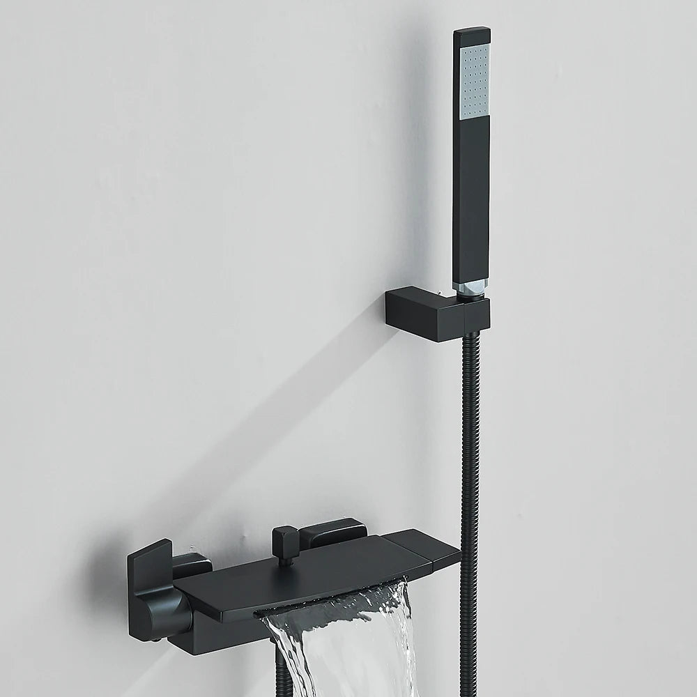 Black Waterfall Bathtub Shower Faucets Wall Mount Shower With Handheld Shower Mixer Tap Faucets Hot Cold Bath Shower Tap