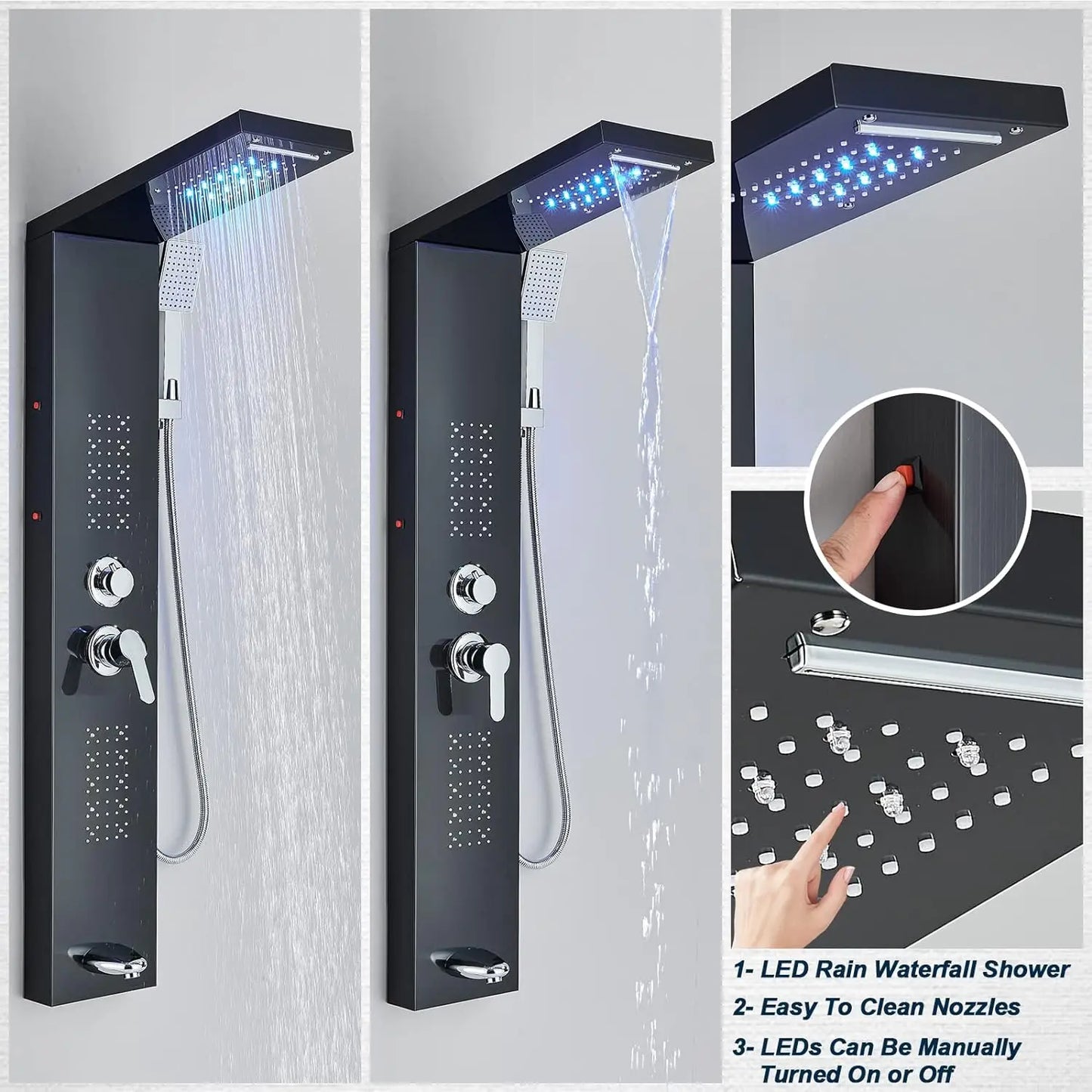 OUIO Brush LED Shower Panel Column Shower Faucet Bathtub Mixer Tap With Massage Body Spa Hand Shower Temperature Screen Set