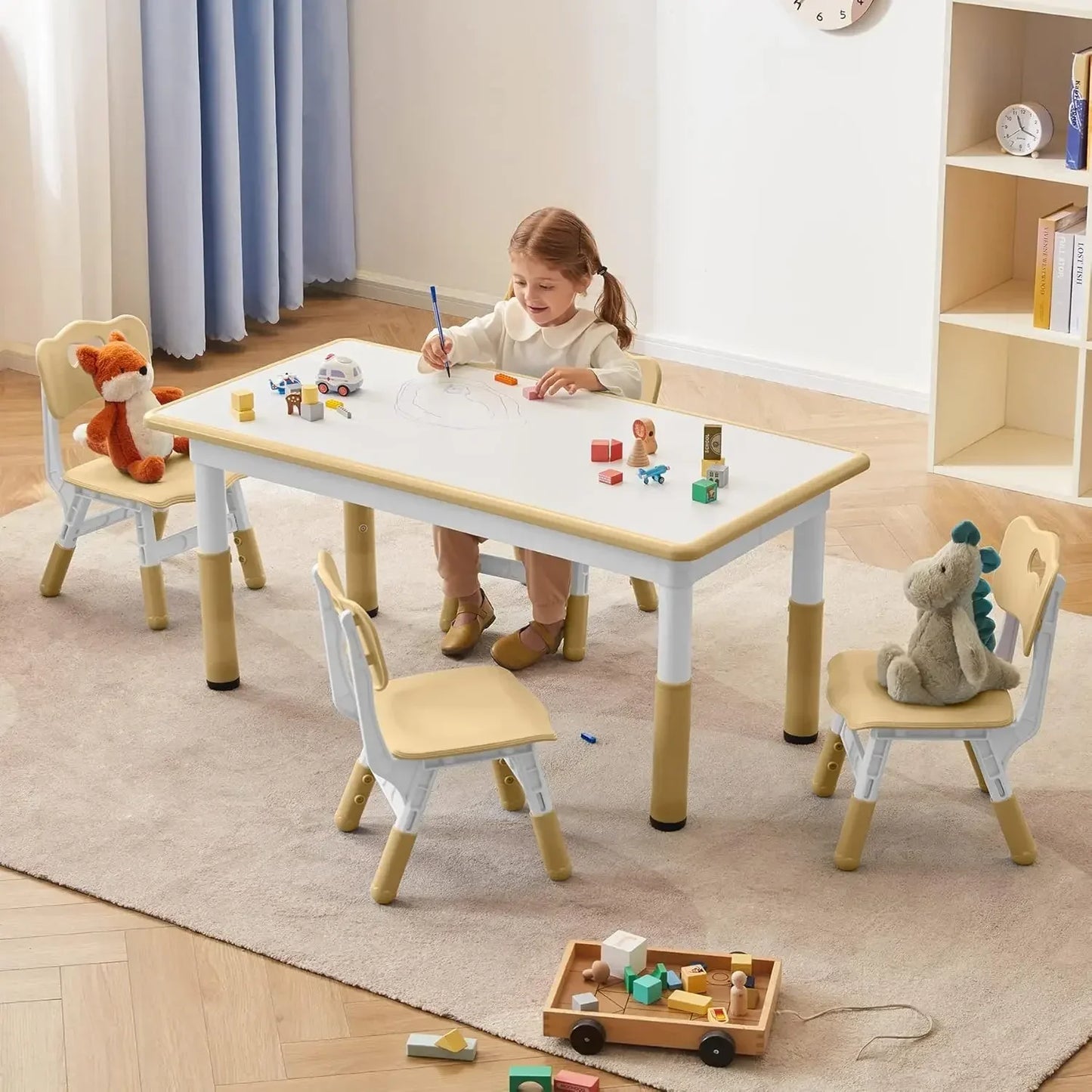 Modern White + Natural Wood Toddler Table and Chairs Set for 4