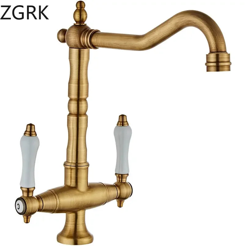 Faucet for Kitchen Dual Handle Antique Brass Retro Faucet 360 Degree Rotation Kitchen Sink Taps Deck Mounted Bathroom Sink Mixer