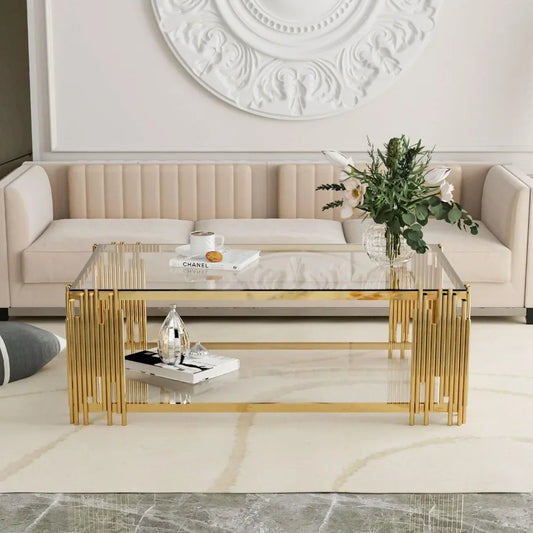 Modern Gold Coffee Table 51 Inch Rectangular Clear Tempered Glass
