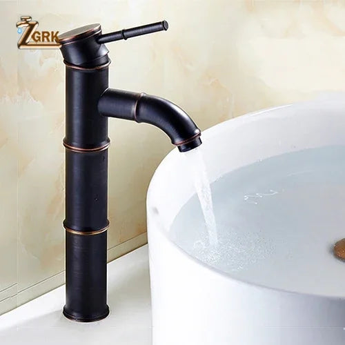 ZGRK Black Waterfall Bathroom Sink Faucet Vessel Tall Bamboo Water Tap Retro Brass Basin Faucets Single Hole Sink Mixer Tap