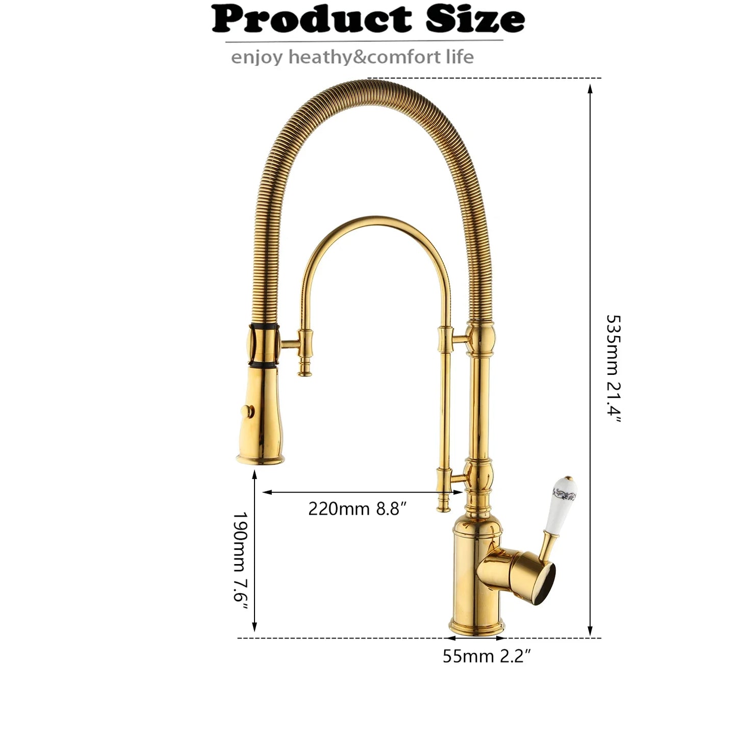 Golden Spring Pull Down Kitchen Sink Faucet Hot & Cold Mixer Crane Tap with Dual Spout Deck Mounted Hot Cold Faucets