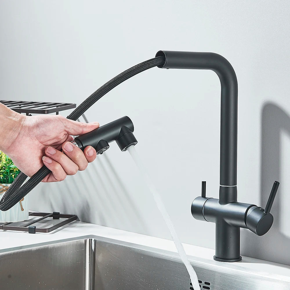 Filtered Kitchen Sink Faucet with Pull Down Sprayer 2 Handle 3 in 1 Water Filter Purifier Faucet Dual Sprayer Drinking Water Tap