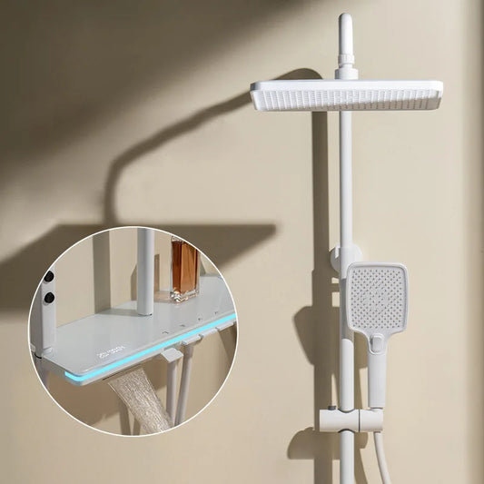 Piano Button Ambient Light Shower System Set Modern Showers For Bathroom Brass Glass Shelf Shower Digital Display Shower Set