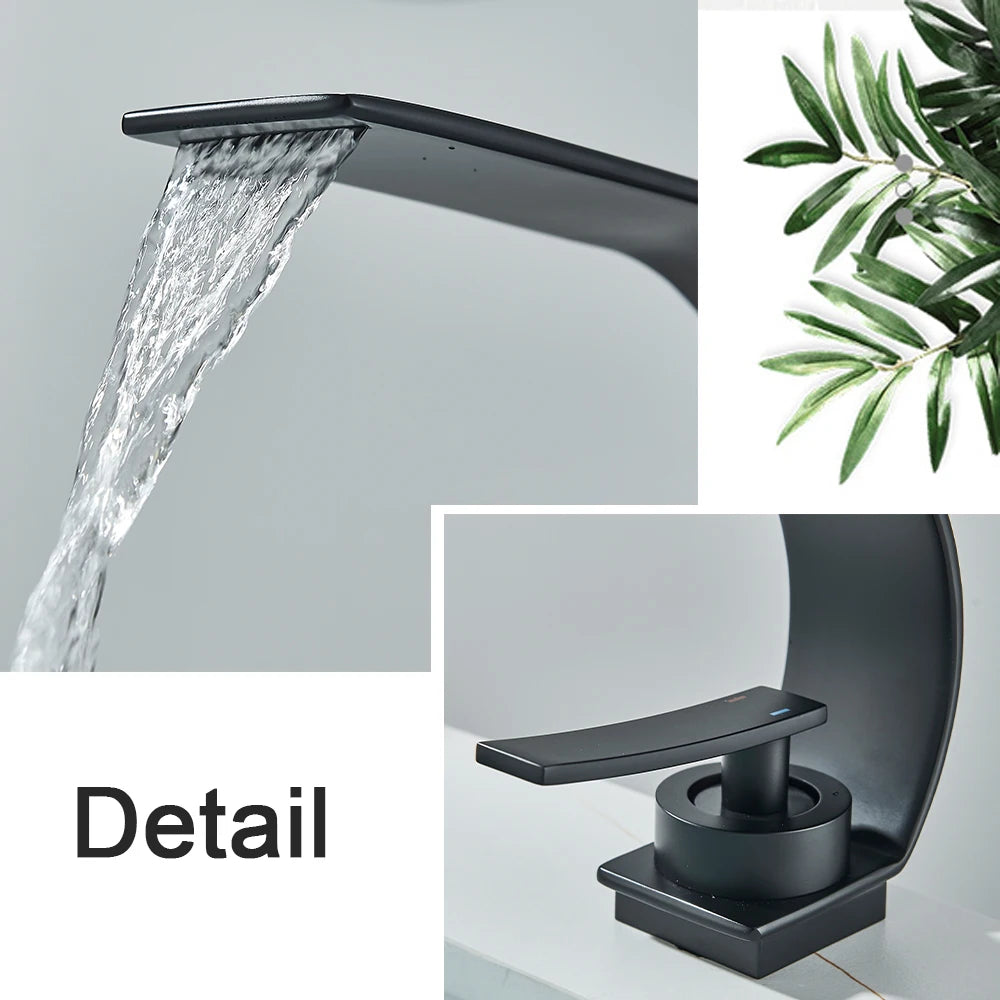 Black Thin style Bathroom Sink Faucet  Modern Mixer Hot Cold Water Tap Waterfall Deck Mounted Vessel Sink Faucet