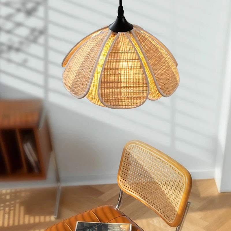 IWHD Rattan Wicker Petal LED Pendant Lights Fixtures Home Indoor Decor Bedroom Dining Living Room Light Japanese Style Hanglamp