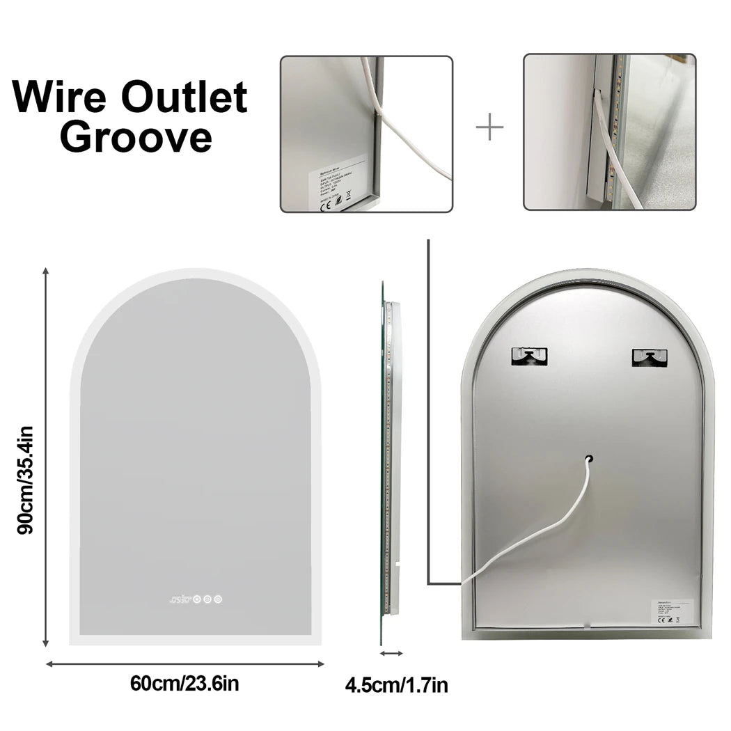 Arched LED Bathroom Mirror 600x900mm Smart Dimmable Wall Lighted Vanity Mirror with Time Temperature Dispaly Anti-fog 3 Colour