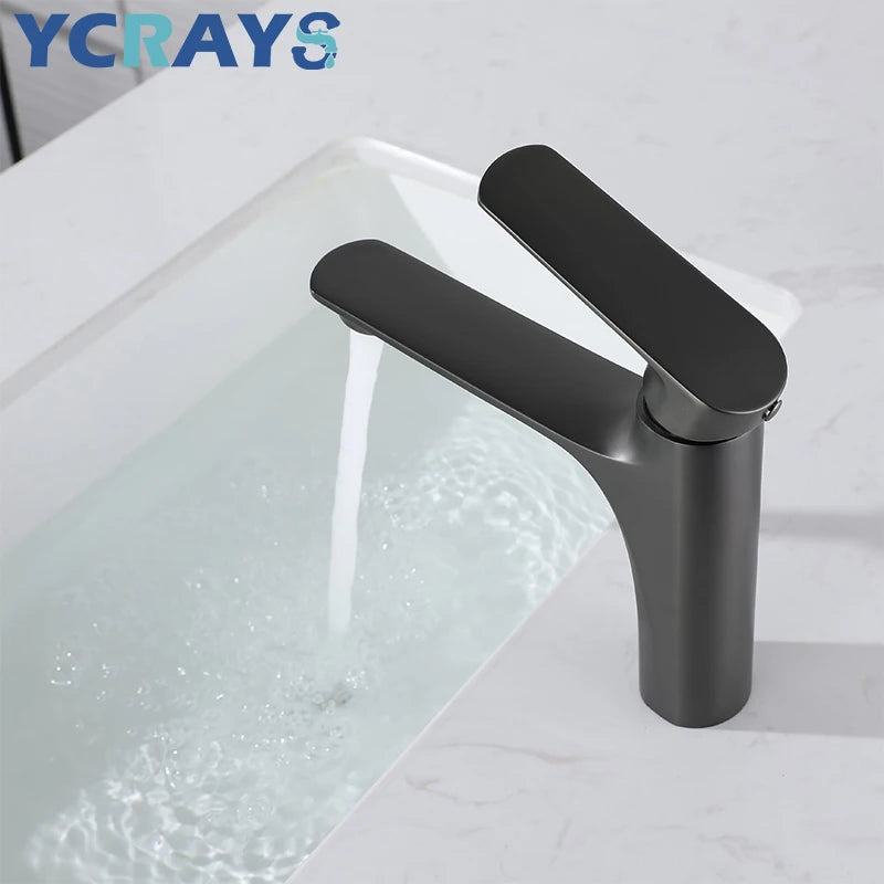YCRAYS Brass Water Plating Gray Bathroom Sink Faucet Single Handle Brushed Gold Deck Mounted Wash Basin Tap Hot And Cold Mixer