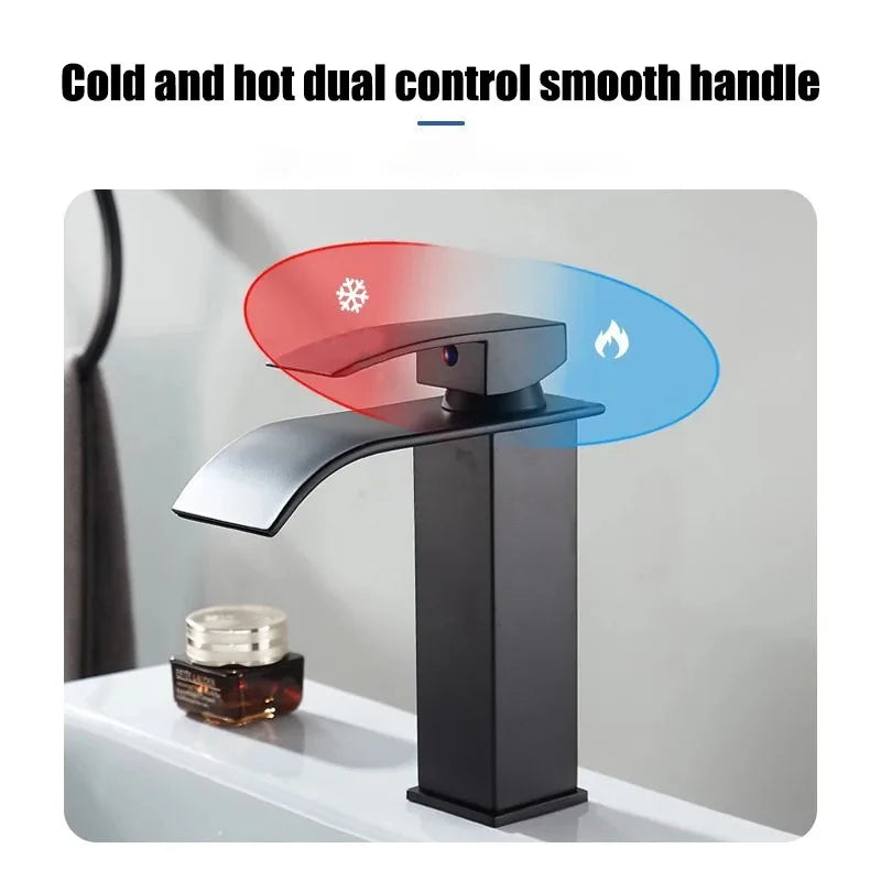 Waterfall style washbasin faucet black cold and hot all copper bathroom kitchen washbasin basin bathroom household use