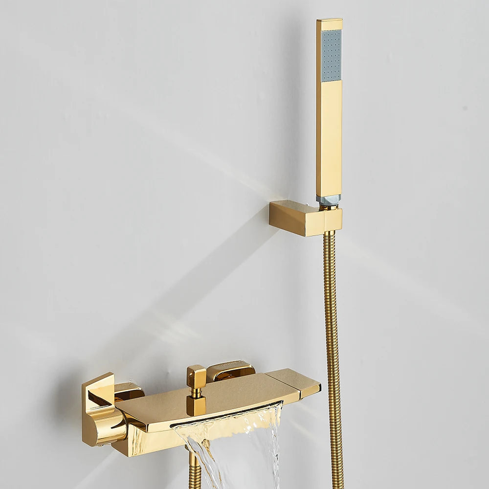 Black Waterfall Bathtub Shower Faucets Wall Mount Shower With Handheld Shower Mixer Tap Faucets Hot Cold Bath Shower Tap