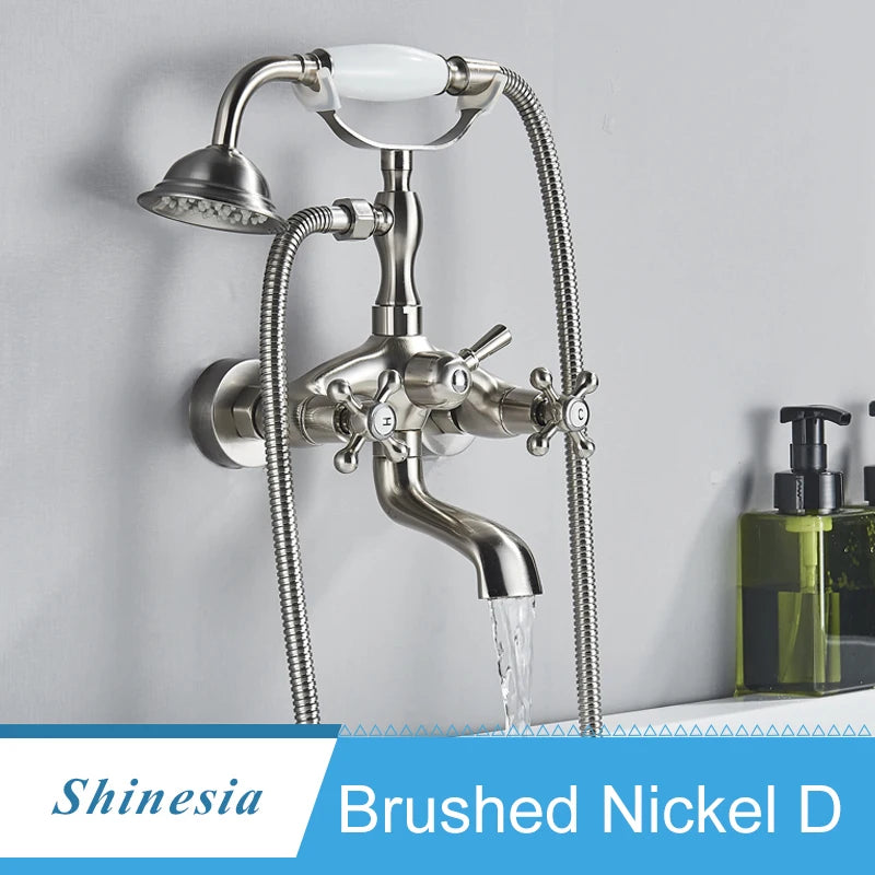 Shinesia Antique Brass Bathtub Shower Faucets Set Wall Mounted Bathroom Faucet With Shower Golden Bath Mixer