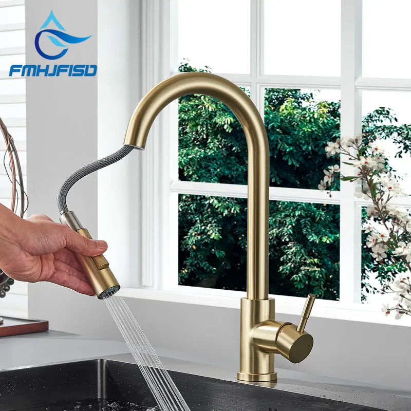 FMHJFISD Kitchen Faucet Brushed Gold Pull Out Kitchen Sink Water Tap Single Handle Mixer Tap 360 Rotation Kitchen Shower Faucet