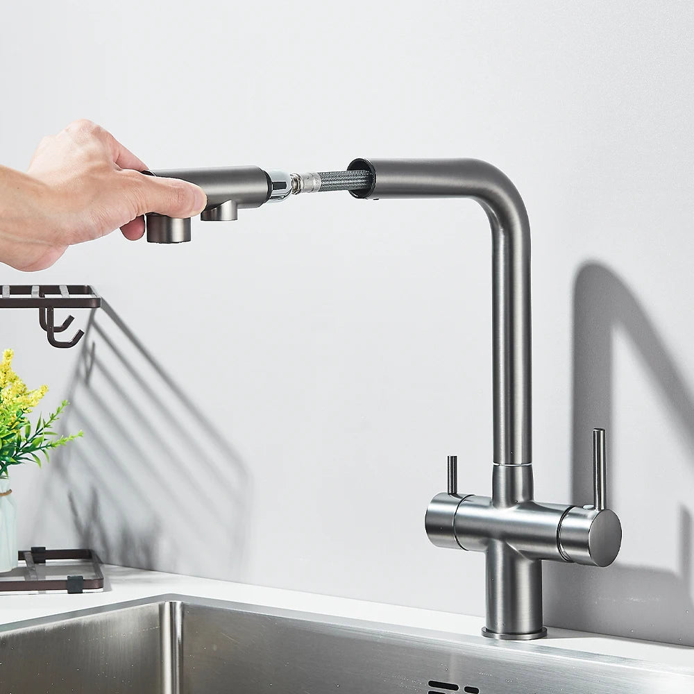 Gold Filter Kitchen Faucets Dual Spout Pull Out Kitchen Sink Water Tap Hot Cold Purification Water Crane for Kitchen