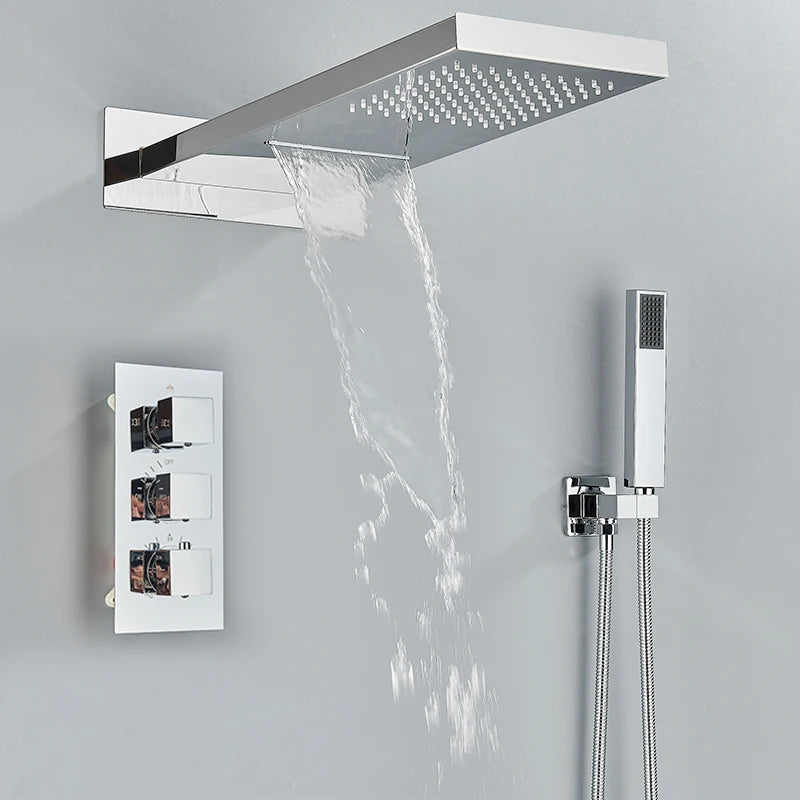Quyanre Black Thermostatic Shower Faucets Set Rain Waterfall Shower Head With 3-way Thermostatic Mixer Tap Bath Shower Faucet