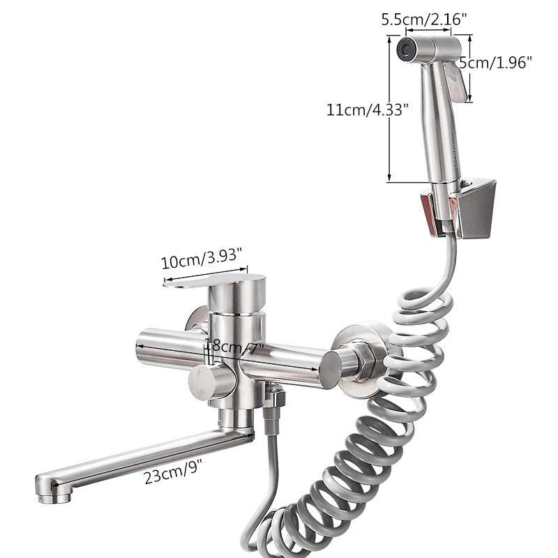 Wall Mount Kitchen Faucet Stainless Steel 360 Rotate Spout Bathroom Basin Faucet Hot and Cold Water Dual Hole with Sprayer Head