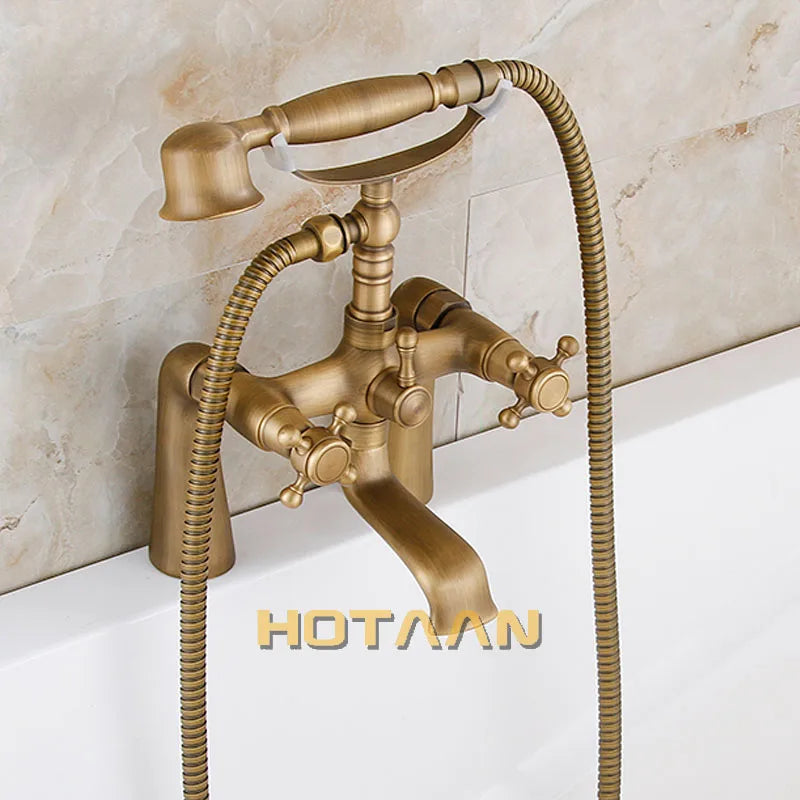 Solid Brass Made Deck Mounted Bath Tub Faucet Antique Bronze Bathtub Faucets with Hand Shower Dual Handle Mixer Crane