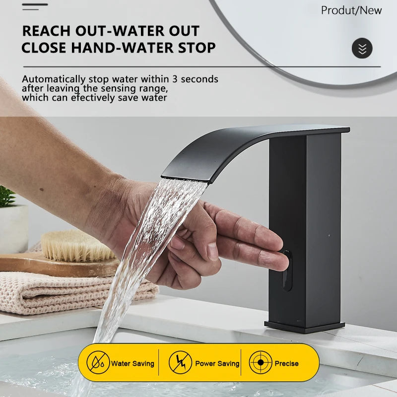 Shinesia Black Bathroom Faucet Deck Mounted Automatic Sensor Water Mixer Crane Free Touch Sink Tap Bathroom Sink Faucets