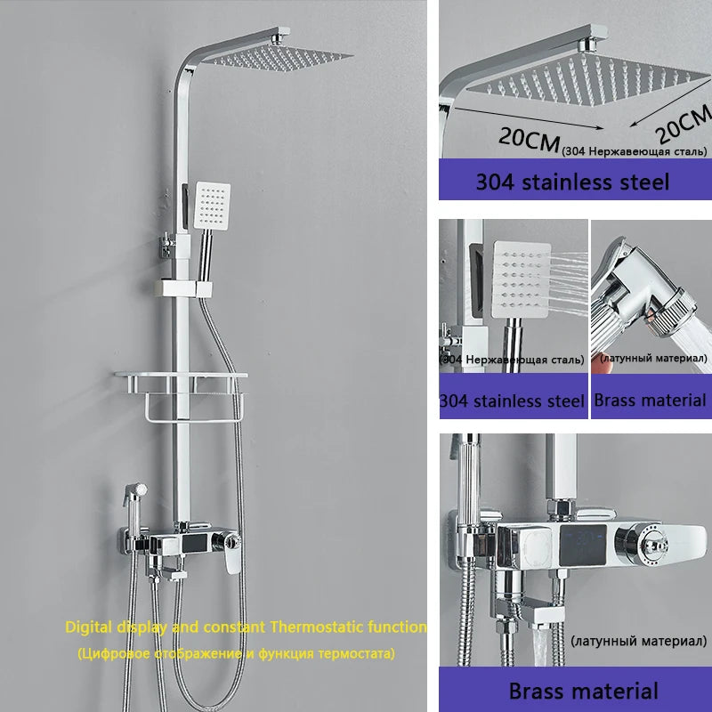 Black Smart Thermostatic Shower Faucet Set Bathroom Intelligent Rainfall Digital Mixer Tap With Rack and Bidet Bath System