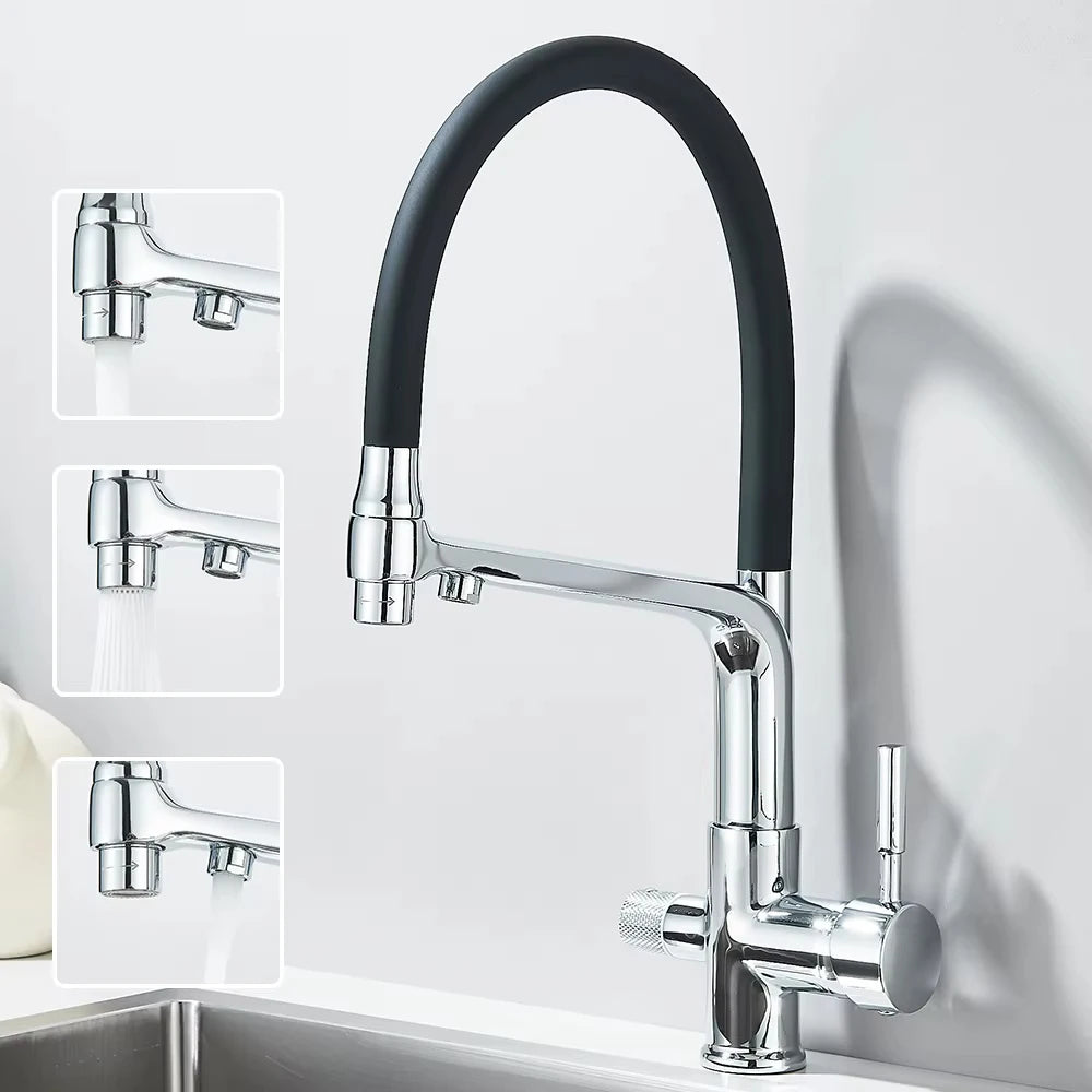 Brushed Gold Kitchen Faucet Filtered Water Dual Spout Purification Feature Kitchen Tap 360 Rotation Water Crane For Kitchen