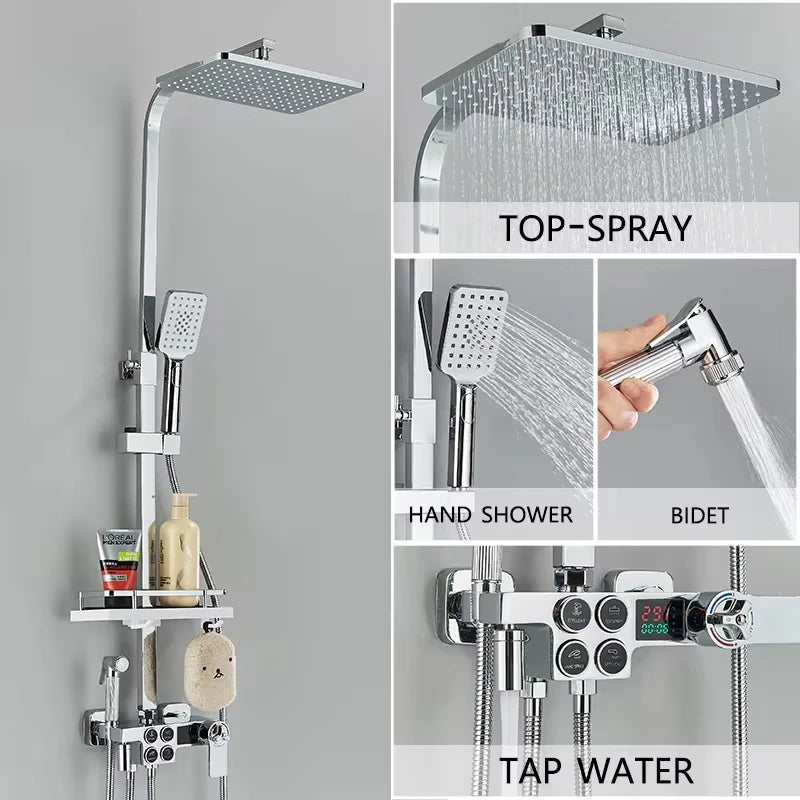 4-Function Button Digital Display Shower Faucet Set Chrome Rain Shower Column Constant Temperature Shower Wall Mounted