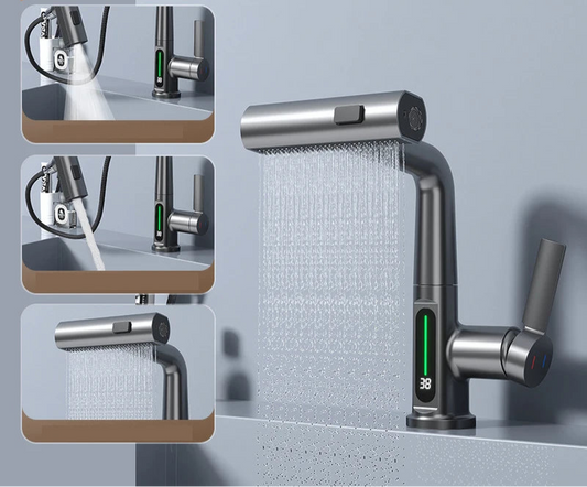 Smart Digital Display Basin Faucet 3 Function Pull Out Waterfall Spout Deck Mount Cold Hot Water Mixer Liftable Sink Crane Tap