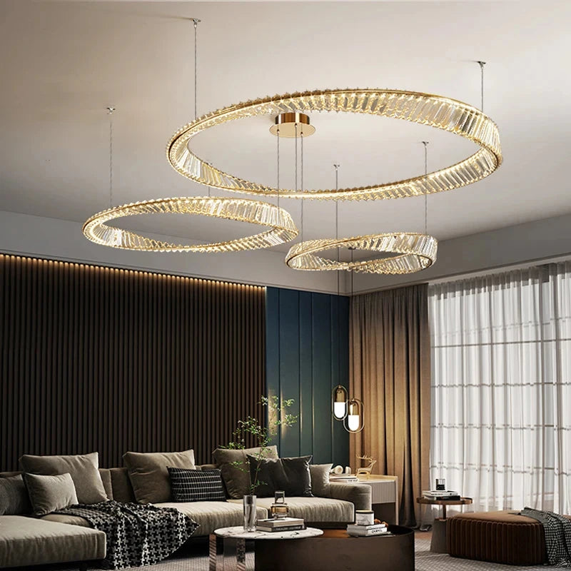Modern Crystal Lustre Ceiling Chandelier Gold Irregular Ring Pendant Lamp Led Dimmable Living Room Bedroom Restaurant Hang Light