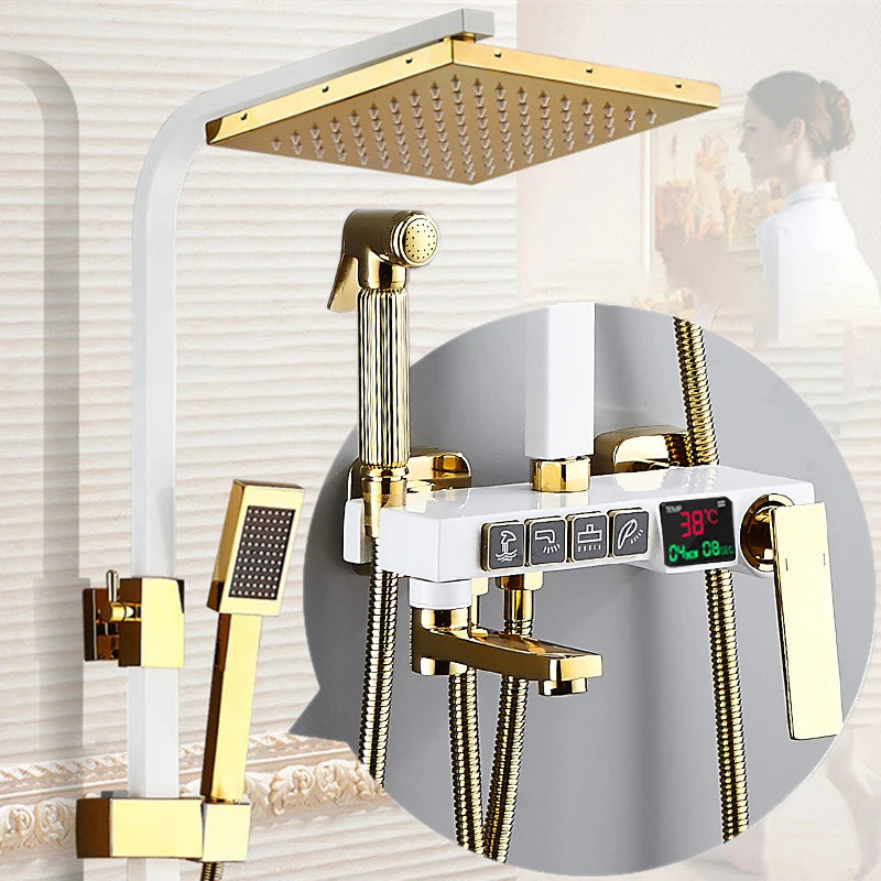 Gold Digital Shower Set Quality Brass Hot Cold Bathroom Shower Faucets Tap Rain Shower Head Golden Thermostatic Shower System