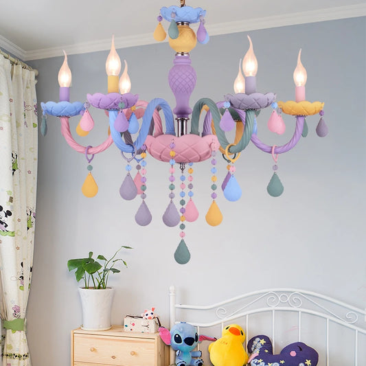 Modern Romantic Rainbow Crystal Chandelier European Candle lustres Children's Makaron Girl Princess Pendant Lamps Light Fixtures