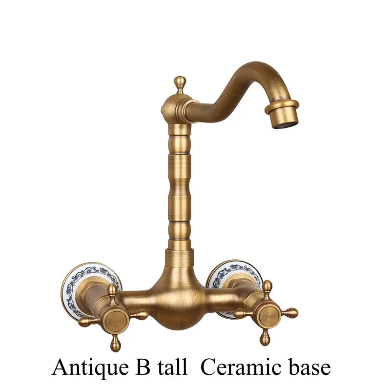 Antique brass ceramic into the wall faucet bathroom washbasin basin wall mount double handle cold and hot water faucet