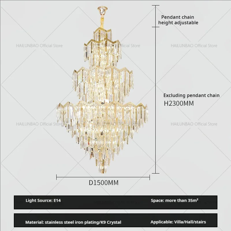 Duplex Crystal Chandelier European Style Villa Living Room Light Luxury Post-Modern Building Middle Floor Hall Stair Chandelier