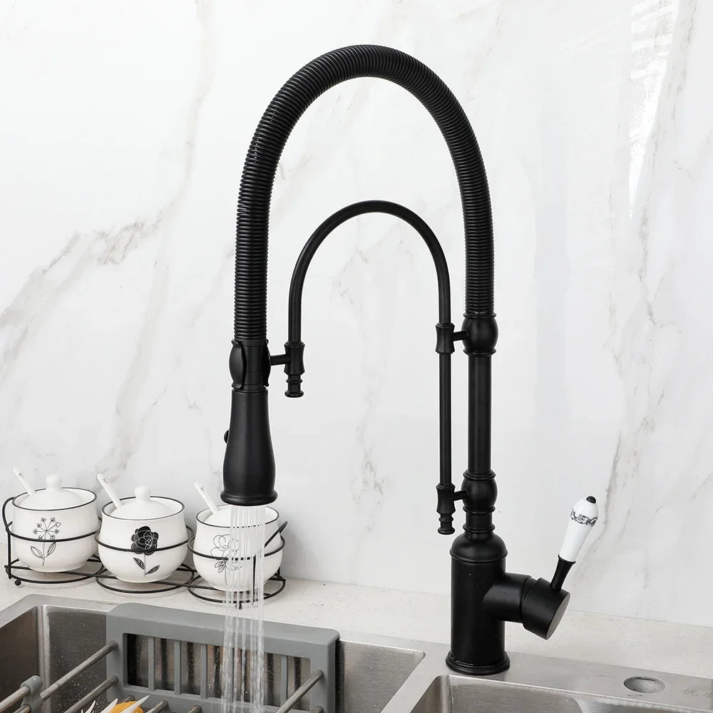 Golden Spring Pull Down Kitchen Sink Faucet Hot & Cold Mixer Crane Tap with Dual Spout Deck Mounted Hot Cold Faucets