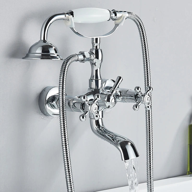 Retro Antique Brass Black Bronze Bathtub Shower Faucets Set Dual Knobs Mixer Tap Wall Mounted Bath Shower Set Swivel Tub Spout