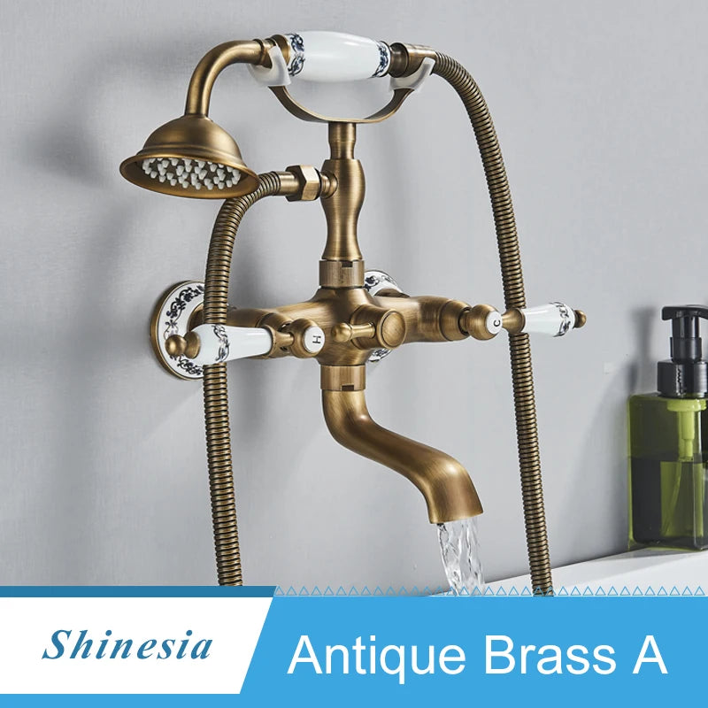 Shinesia Antique Brass Bathtub Shower Faucets Set Wall Mounted Bathroom Faucet With Shower Golden Bath Mixer